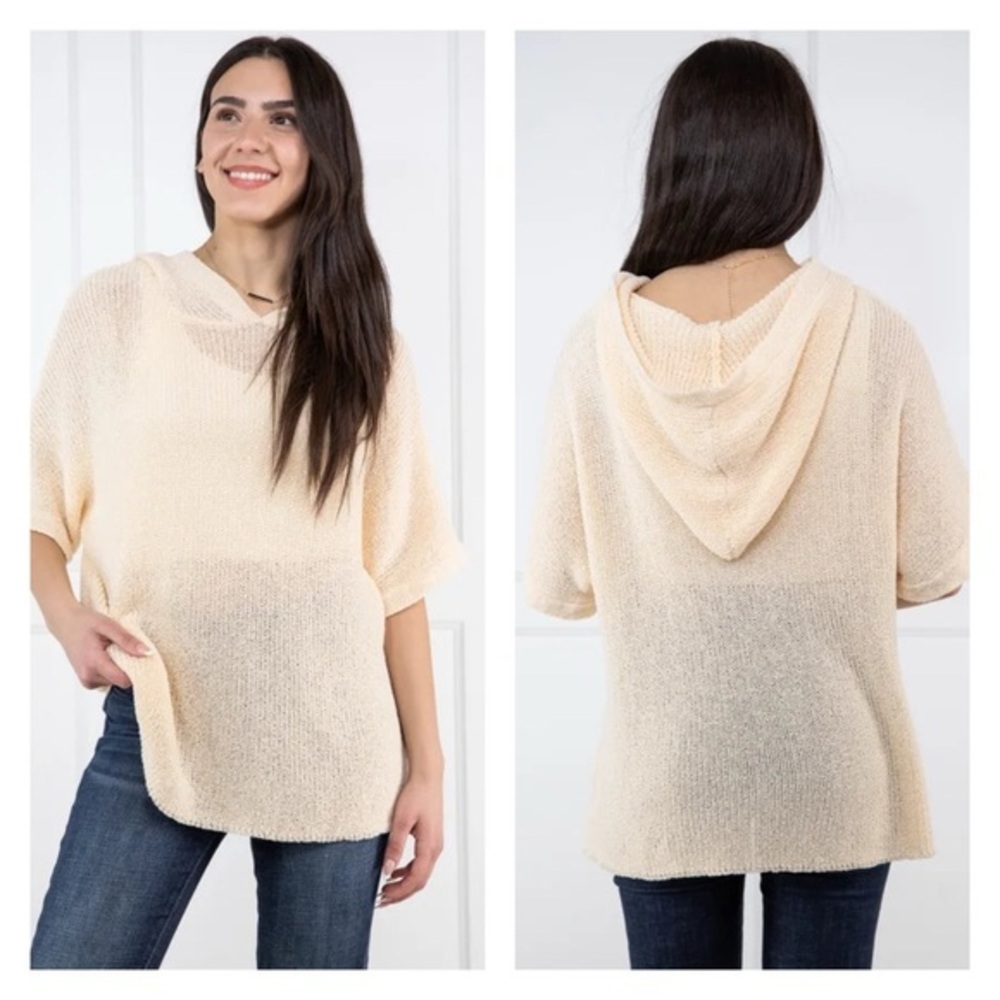Driftwood Daydreams Hooded Short Sleeve Dolman Oversized‎ Open Knit Sweater L
